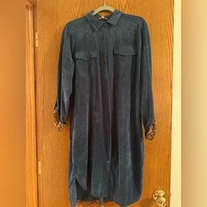 Umgee Teal Long Sleeve Dress with Patterned Cuffs